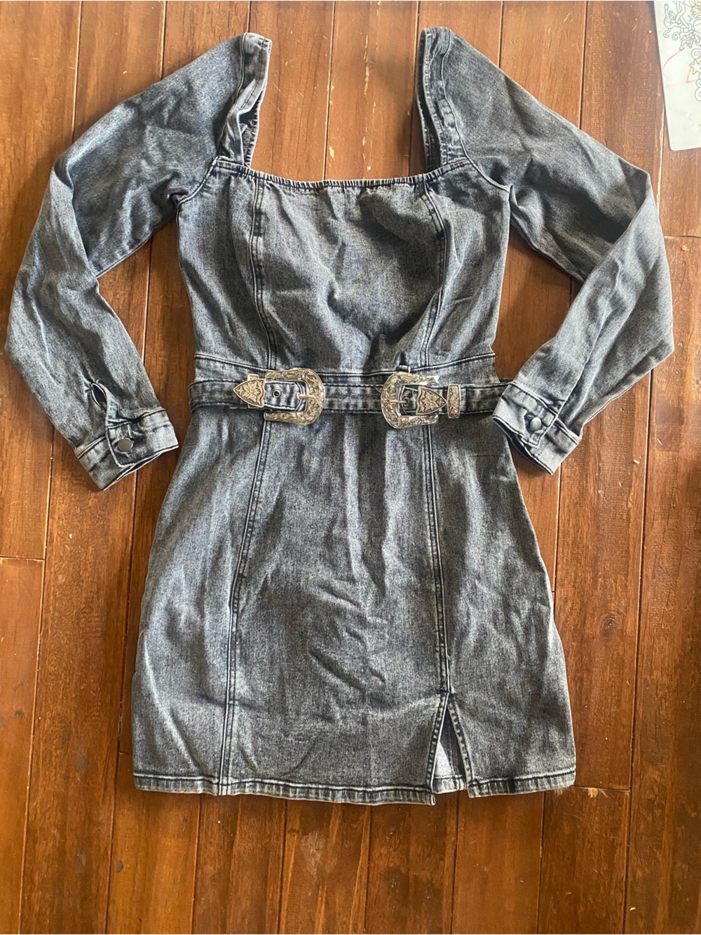 Rock and Roll Denim Long Sleeve Dress Black Acid Wash Women's Medium